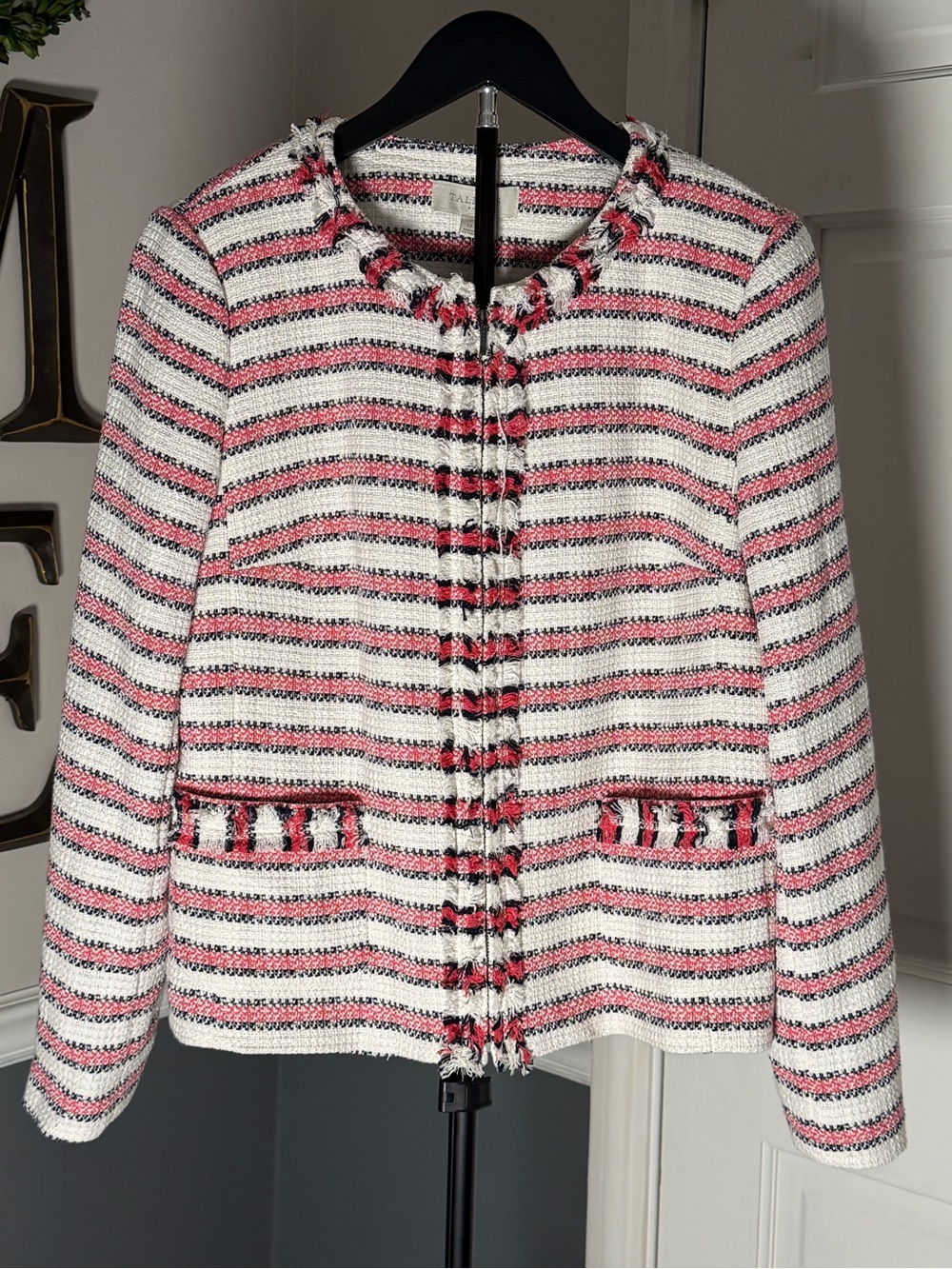 NWT Talbots Women's Pink, Navy & White Bouclé Stripe Jacket (219)